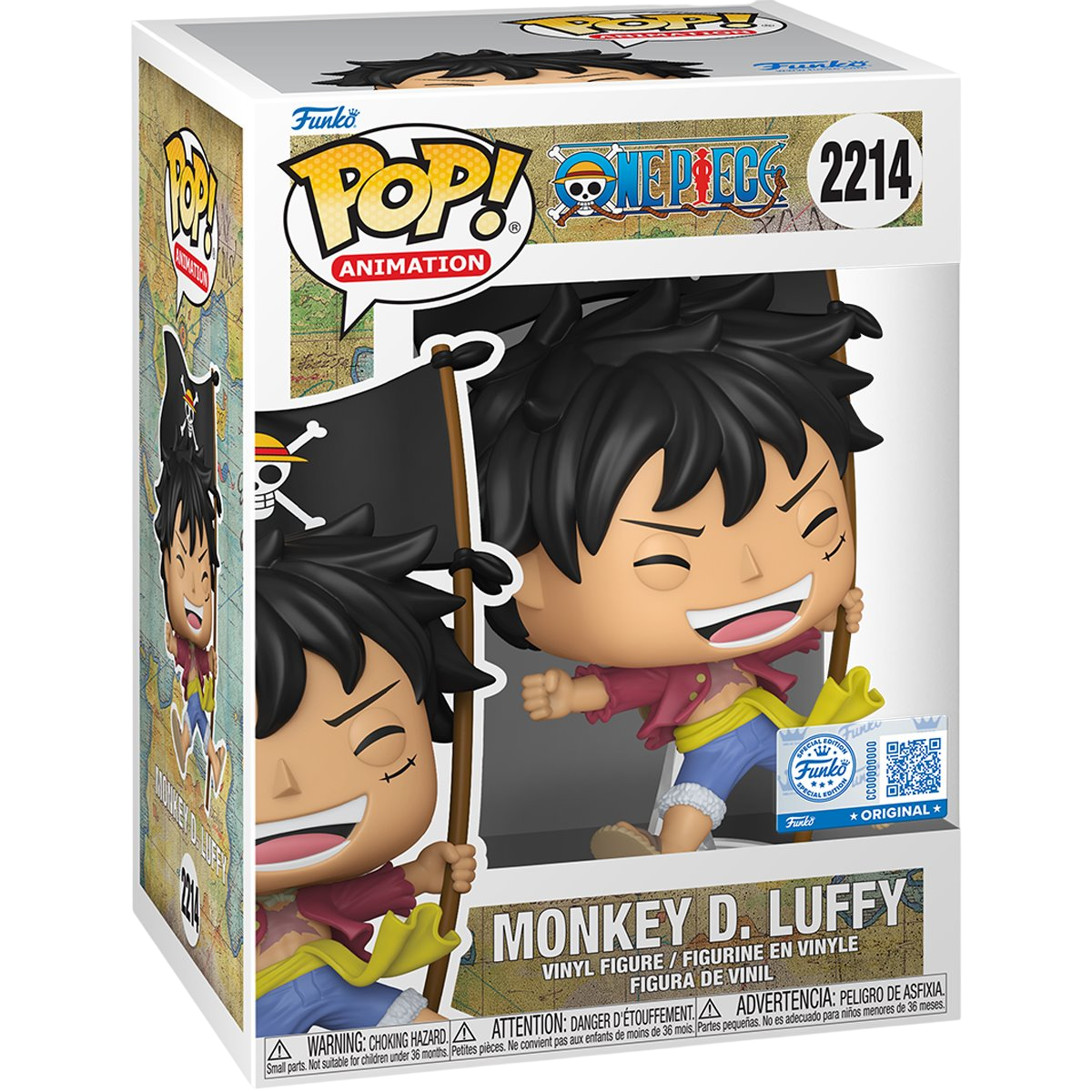 Funko Pop! Animation One Piece Monkey D. Luffy figure with flag, special edition collectible in box, featuring detailed design and vibrant colors.