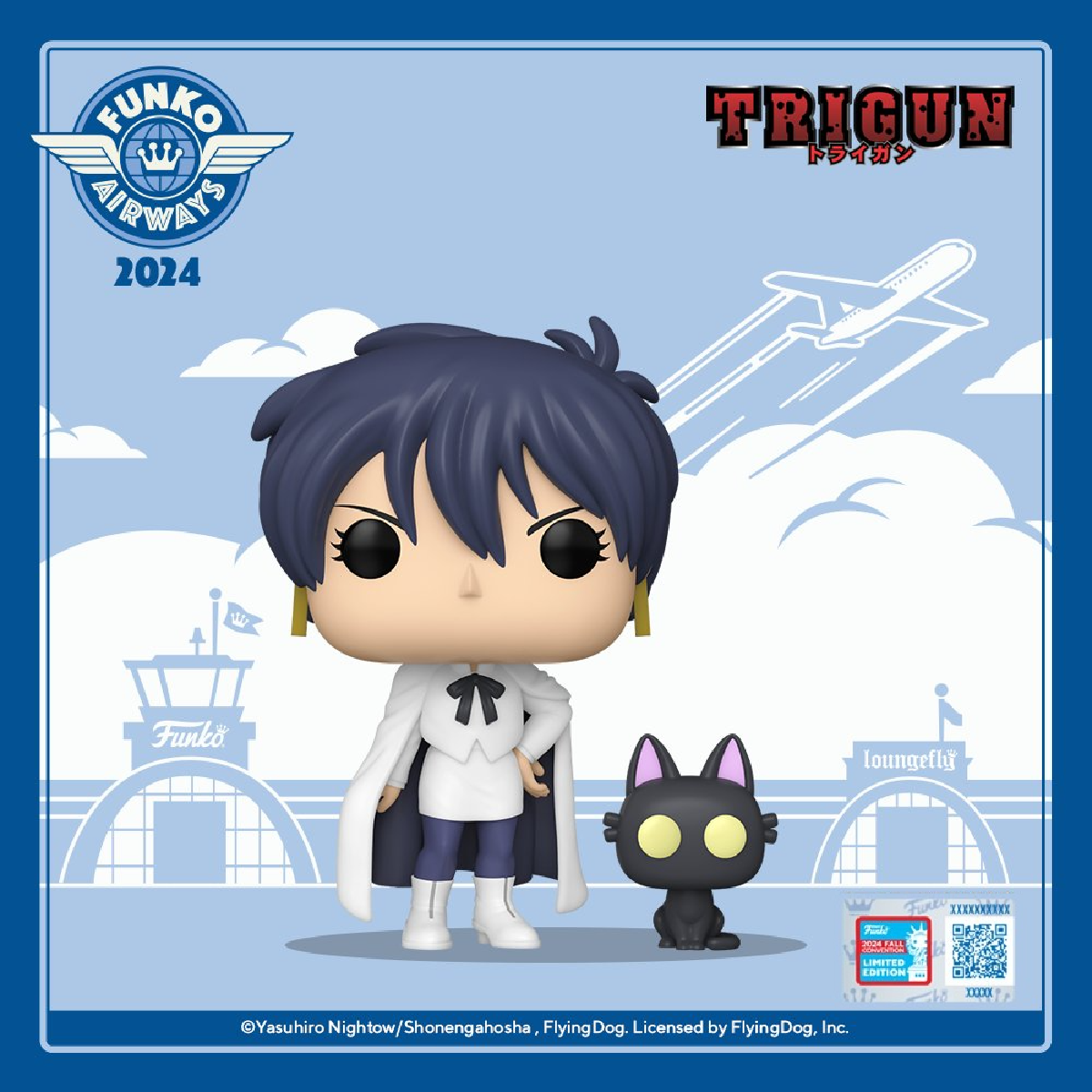 Funko Pop! Animation: Trigun Meryl Stryfe with Kuroneko figure, shared NYCC 2024 exclusive, collectible anime character toy.
