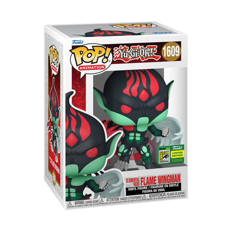 Funko Pop! Animation Yu-Gi-Oh Elemental Hero Flame Wingman figure with SDCC 2024 convention sticker, collectible toy from Shak's Pop Shop