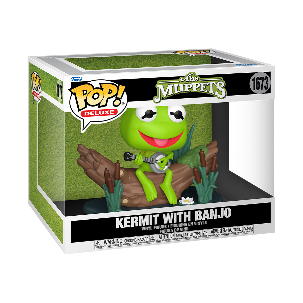 Funko Pop! Deluxe Kermit the Frog from The Muppets holding a banjo, collectible figure with detailed features.