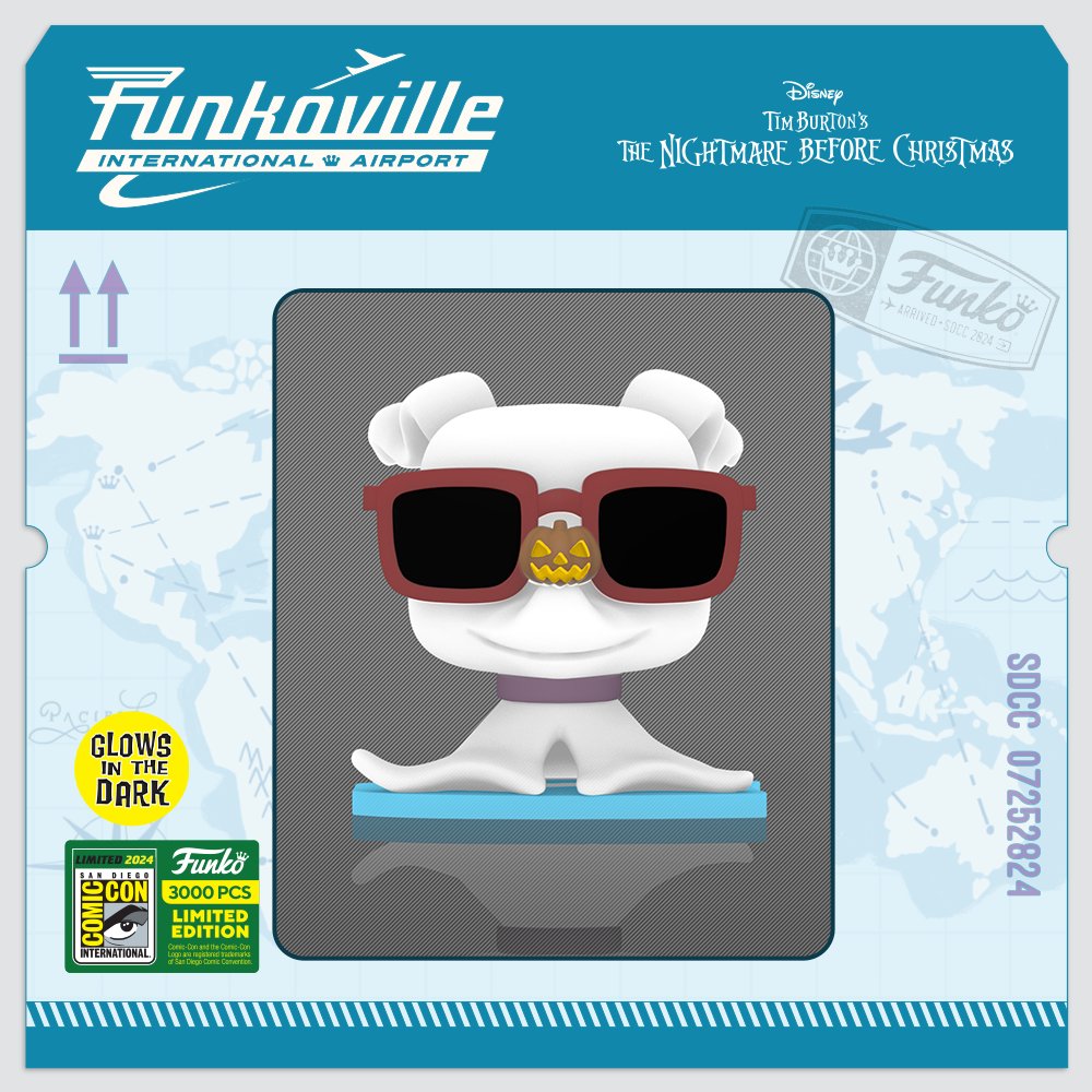 Funko Pop! Disney Nightmare Before Christmas Zero with sunglasses, glow-in-the-dark, limited edition 3,000, SDCC 2024 sticker, collectible figure