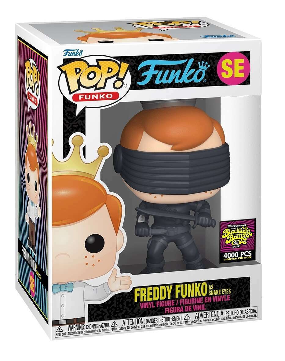 Funko Pop! Freddy Funko as Snake Eyes action figure, blacklight Battle Exclusive, limited edition 4,000, from 2022 Fundays event.