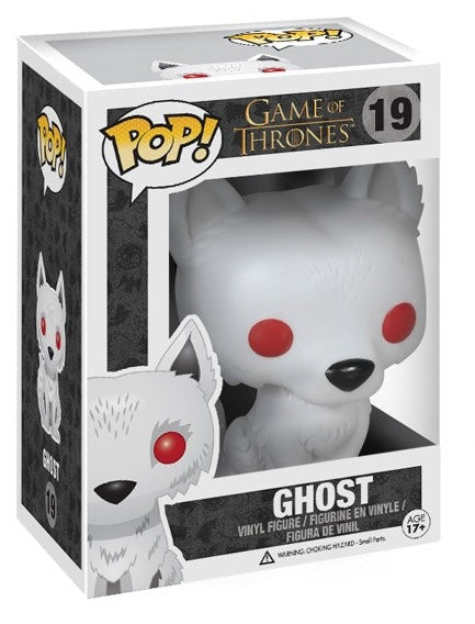 Funko Pop! figure of Ghost from Game of Thrones, featuring a stylized vinyl collectible with detailed white direwolf design.
