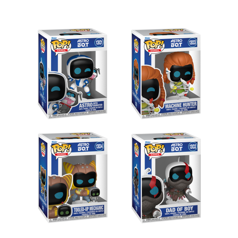 Four Funko Pop! Astro Bot figures from the Games collection, featuring colorful robot characters in a bundle display.