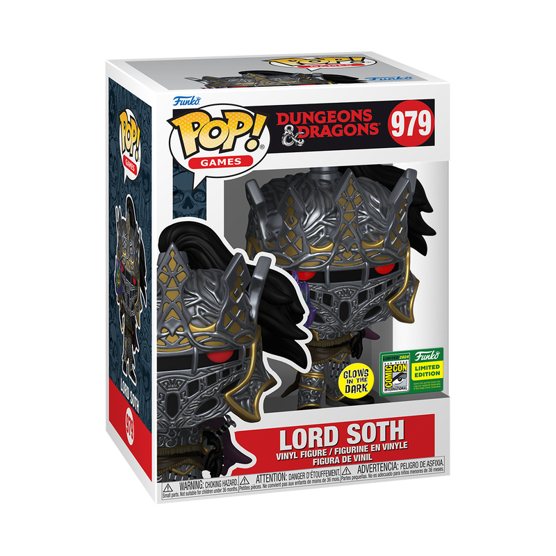 Funko Pop! Games Dungeons & Dragons Lord Soth glow figure with 2024 SDCC convention sticker, collectible vinyl toy.