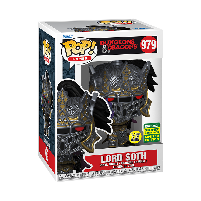Funko Pop! Games Lord Soth glow figure from Dungeons & Dragons, 2024 SDCC shared exclusive, displayed in box with slight imperfection.