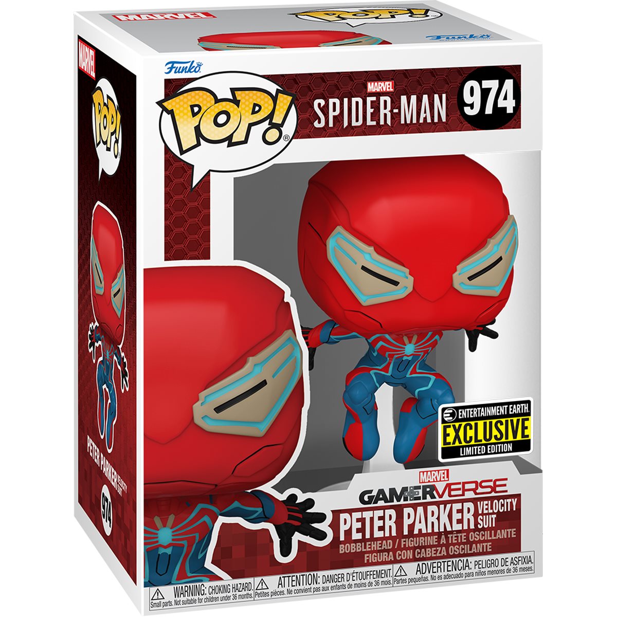 Funko Pop! Marvel's Spider-Man 2 Peter Parker in Velocity Suit figure, Entertainment Earth Exclusive, from Shak's Pop Shop.