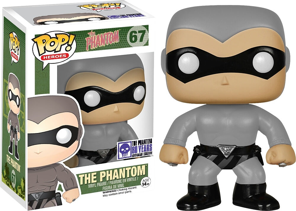 Funko Pop! Heroes The Phantom Grey figure from Australia Exclusive collection, featuring the iconic comic hero in collectible vinyl form.