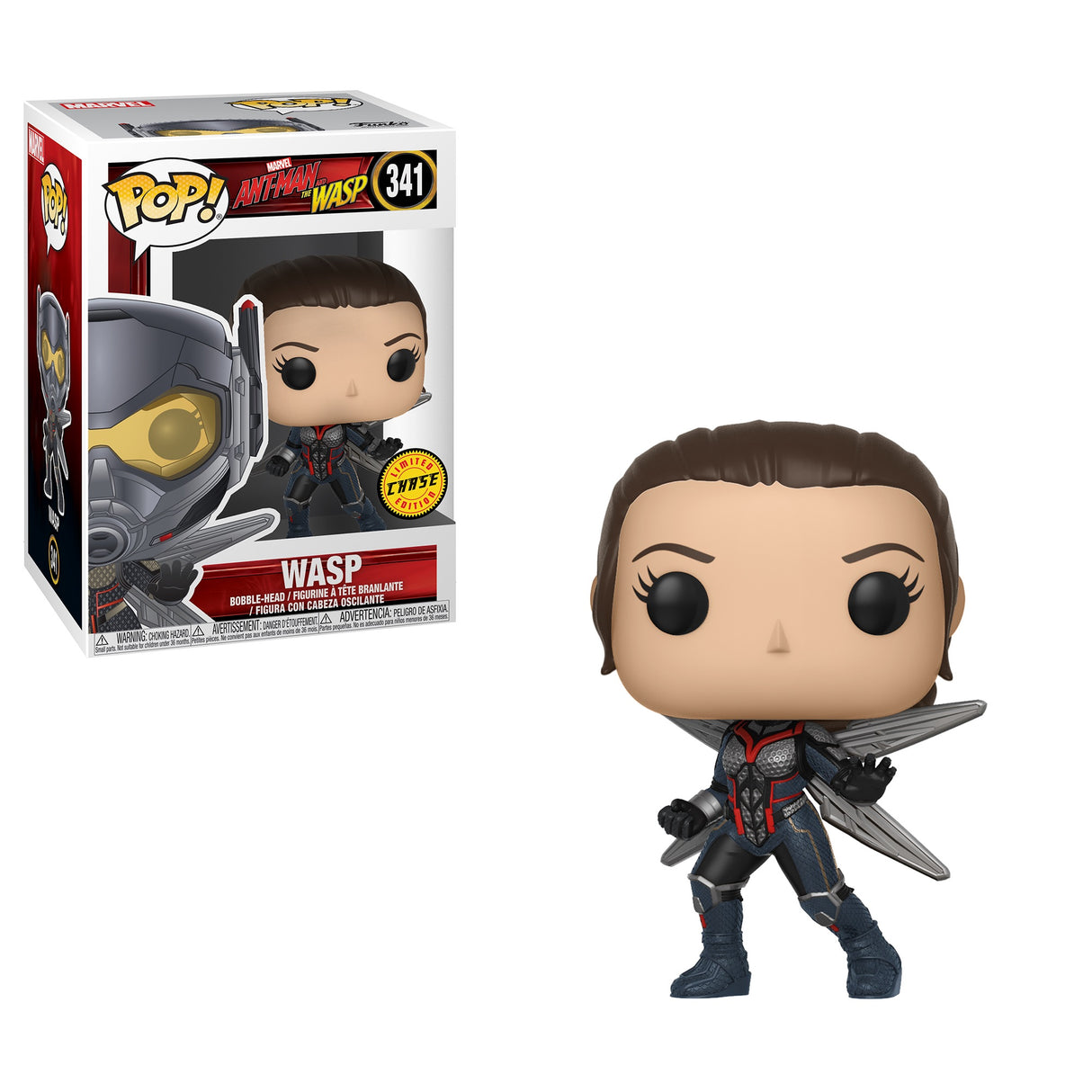 Funko Pop! Marvel Ant-Man and The Wasp Wasp unmasked Chase figure featuring Wasp in her costume with wings and detailed mask.
