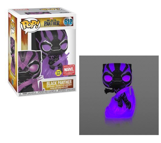 Funko Pop! Marvel Black Panther Glow figure from Marvel Collector Corps, featuring a detailed black Panther collectible.