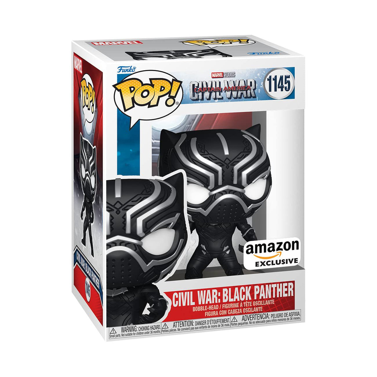 Funko Pop! Marvel Black Panther figure from Civil War Build A Scene, Amazon Exclusive, with visible box imperfection.