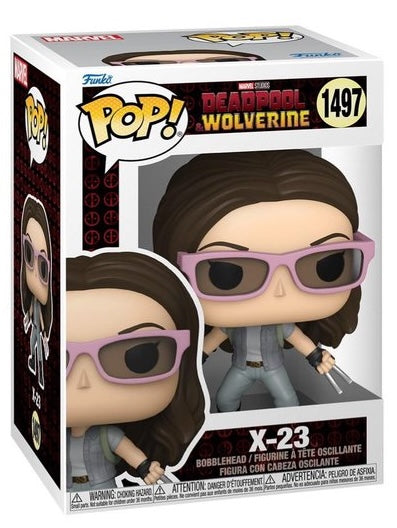 Funko Pop! Marvel Deadpool and Wolverine X-23 figures from Shak's Pop Shop, featuring collectible vinyl characters with detailed designs.