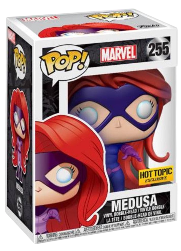 Funko Pop! Marvel Inhumans Medusa figure with box imperfection, featuring Medusa's detailed headpiece and vibrant costume.