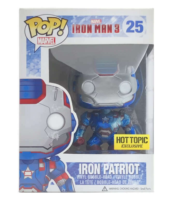 Funko Pop! Marvel Iron Patriot Metallic figure, Hot Topic Exclusive, collectible vinyl toy with detailed metallic finish.