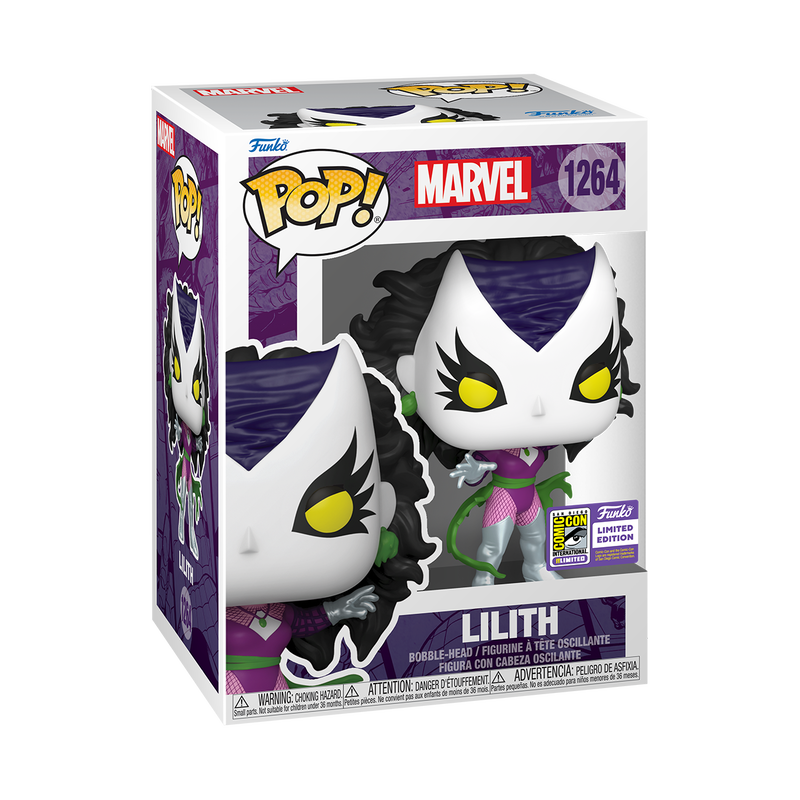 Funko Pop! Marvel Lilith figure with SDCC 2023 sticker, featuring her distinctive costume and pose, by Shak's Pop Shop.
