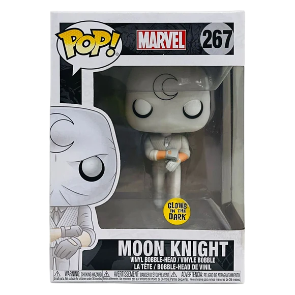 Funko Pop! Marvel Moon Knight glow figure with box imperfection, featuring moon knight in his iconic costume and glowing details.