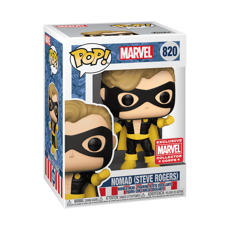 Funko Pop! Marvel Nomad Steve Rogers figure, Marvel Collector Corps exclusive with detailed costume and signature pose.