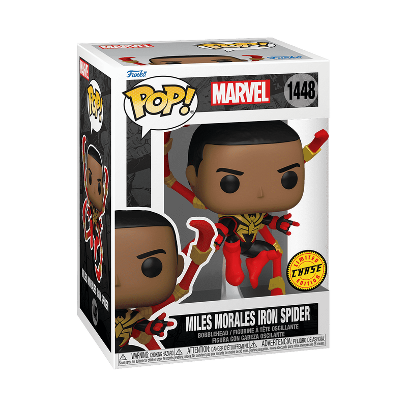 Funko Pop! Marvel Spider-Man Comics Miles Morales Iron Spider Chase figure in box with slight imperfections, collectible toy from Shak's Pop Shop