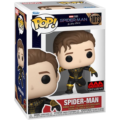 Funko Pop! Marvel Spider-Man Black Suit figure from No Way Home, AAA Exclusive, with detailed black-suited Spider-Man design.