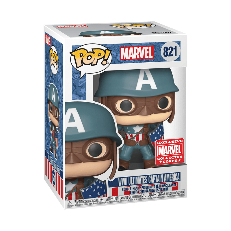 Funko Pop! Marvel WWII Ultimates Captain America collectible figure with detailed costume and shield, exclusive Marvel Collector Corps style