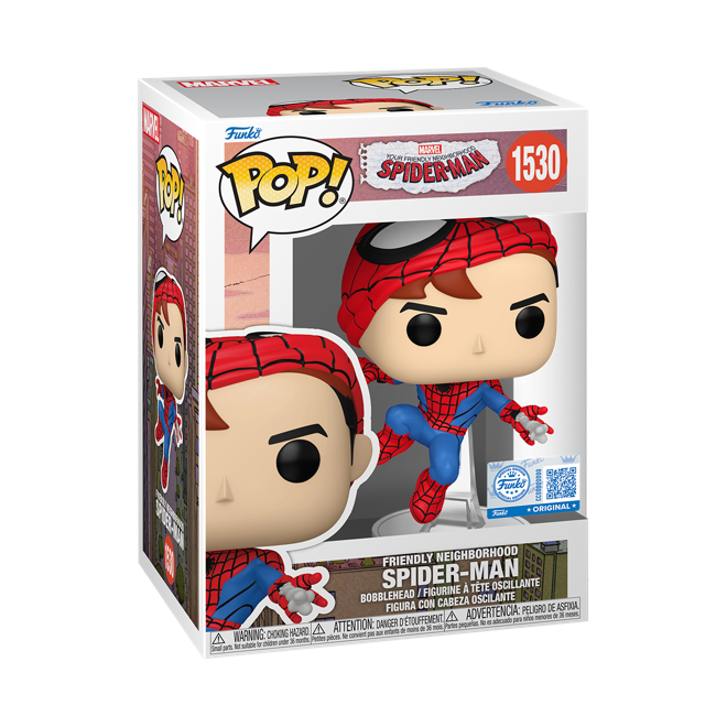 Funko Pop! Marvel Spider-Man (Unmasked) action figure from Shak's Pop Shop, featuring Spider-Man in his unmasked look.