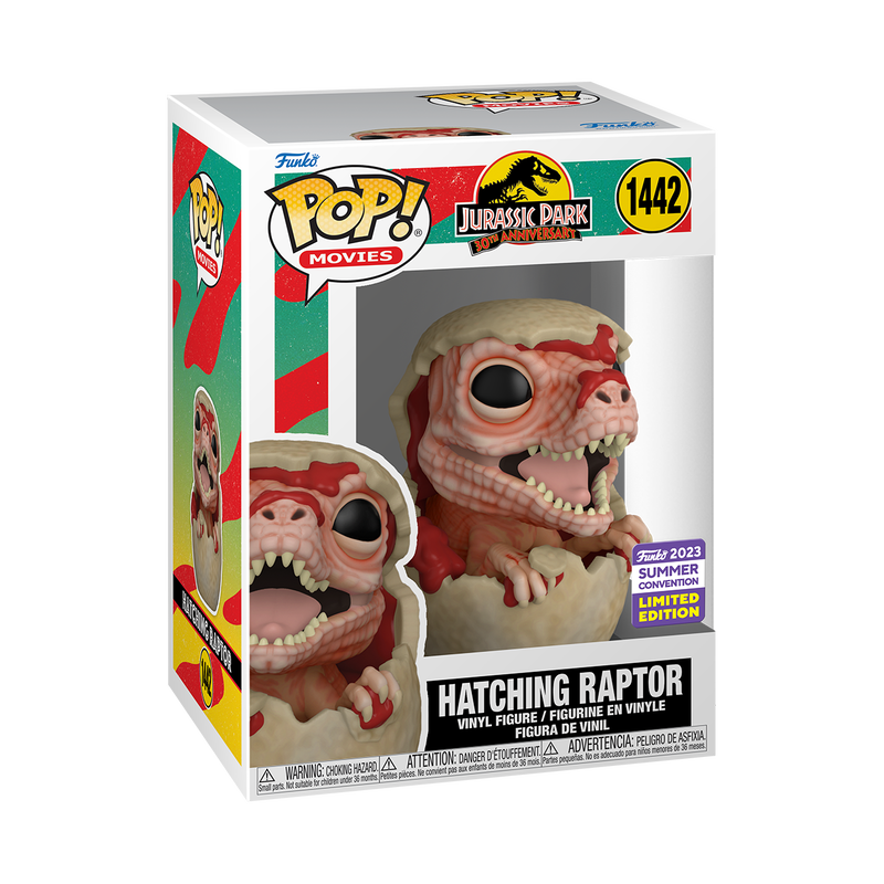 Funko Pop! Jurassic Park 30th Anniversary Hatching Raptor figure, summer convention exclusive, with detailed dinosaur design.