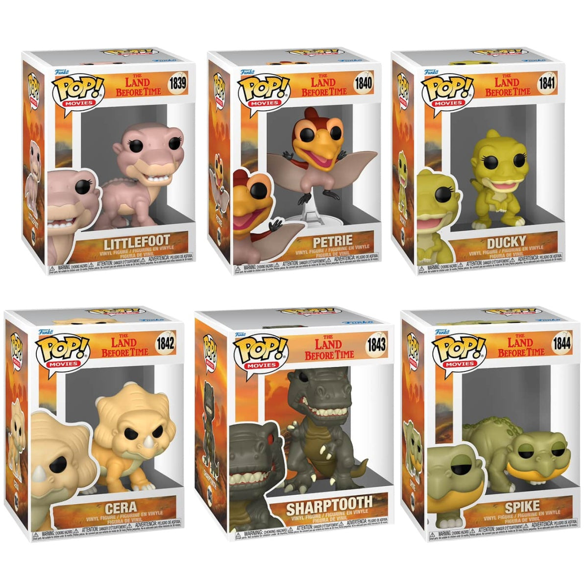 Six Funko Pop! figures from the Land Before Time movie series featuring characters in colorful vinyl collectibles.
