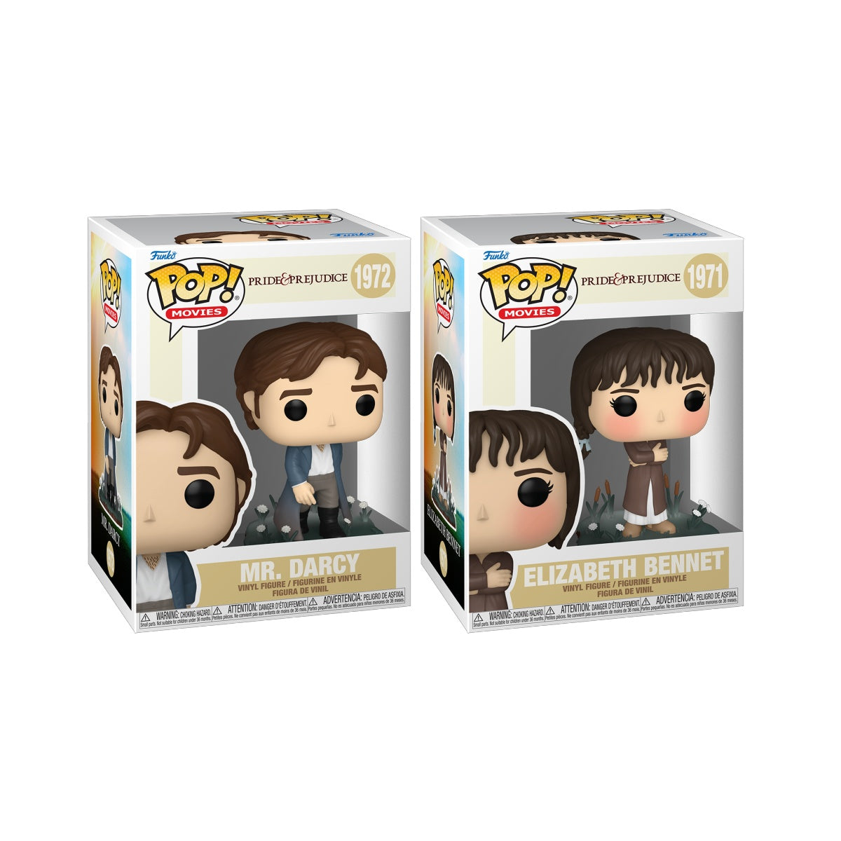 Two Funko Pop! figures from the Pride and Prejudice movie bundle by Shak's Pop Shop, featuring detailed character designs.