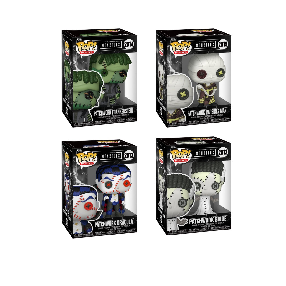 Four Funko Pop! Universal Monsters Patchwork figures from the Movies collection, featuring iconic monster characters in a colorful bundle.