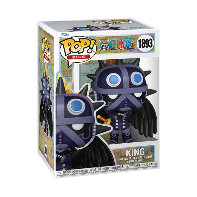 Funko Pop! Plus figure of King from One Piece, featuring detailed design and vibrant colors, collectible anime character.