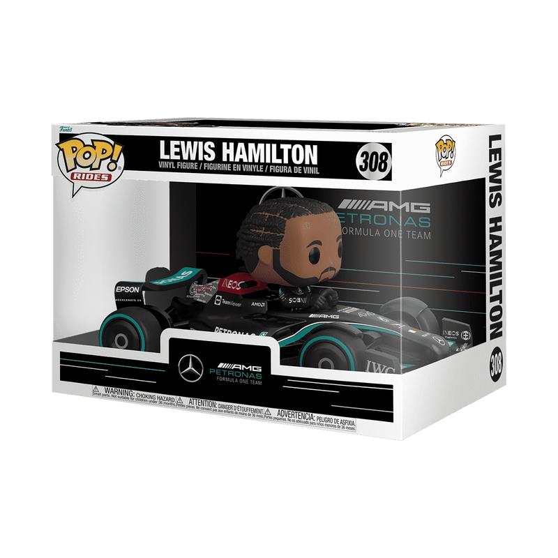 Funko Pop! Rides Mercedes Lewis Hamilton toy figure, featuring detailed F1 car design and collectible branding.