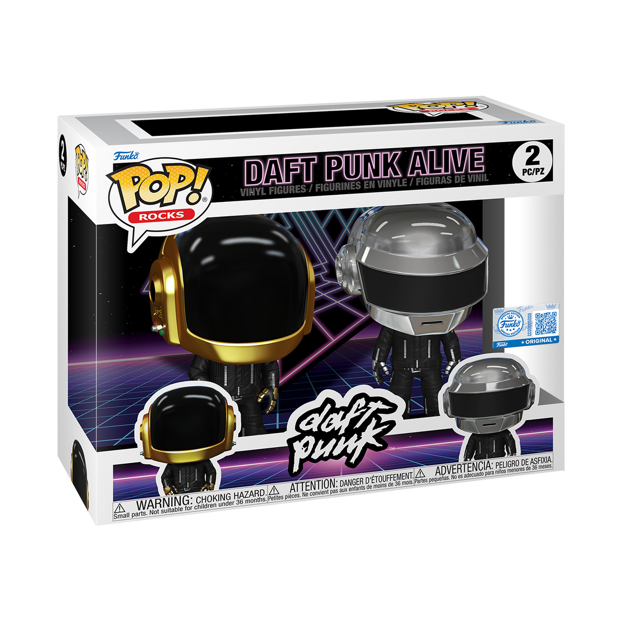Funko Pop! Rocks Daft Punk Alive 2-Pack featuring stylized vinyl figures of Daft Punk members in iconic helmets, exclusive design.