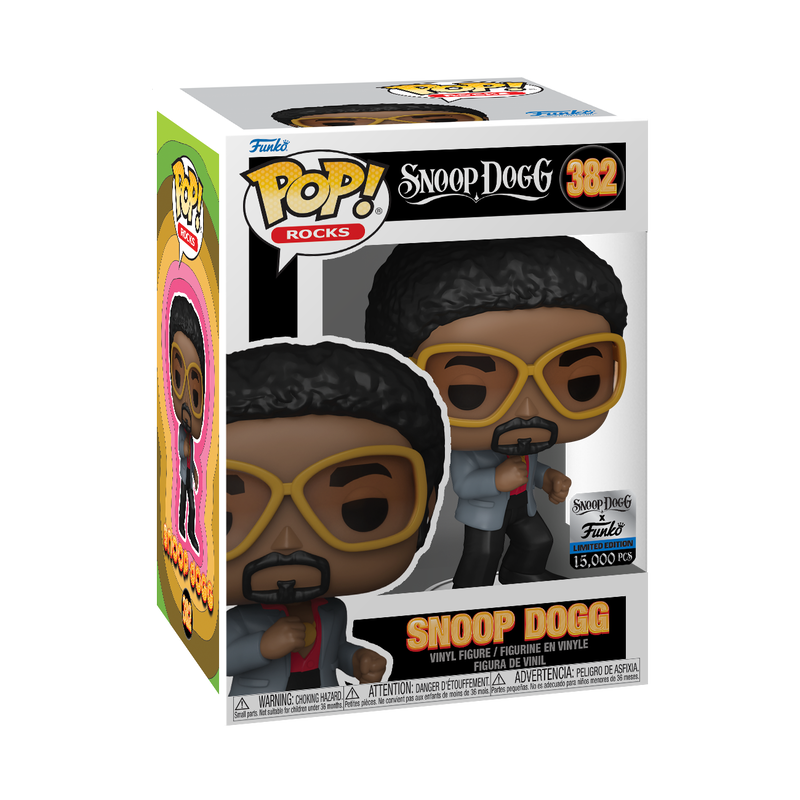 Funko Pop! Rocks Snoop Dogg Disco figure from Shak's Pop Shop, featuring Snoop in disco attire with a box showing imperfection.