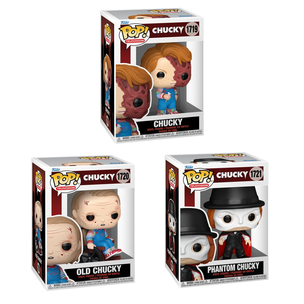 Three Funko Pop! figures of Chucky from Television series, featuring detailed vinyl collectibles in a bundle.
