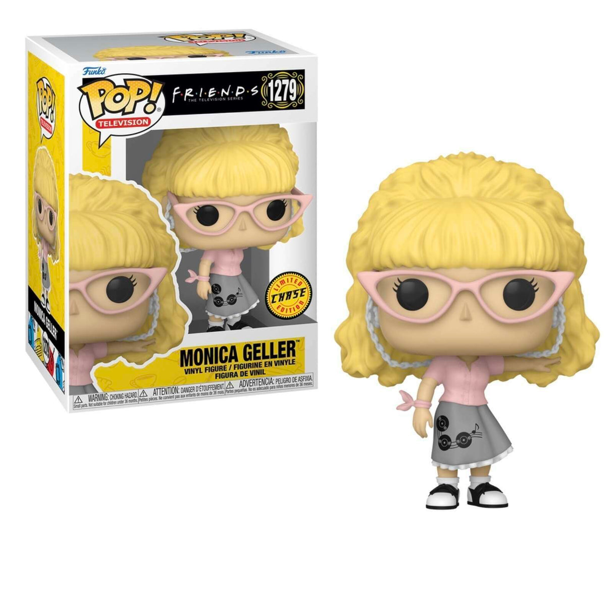 Funko Pop! Television Friends Monica Geller Chase figure in box, featuring collectible character with detailed design and vibrant colors.