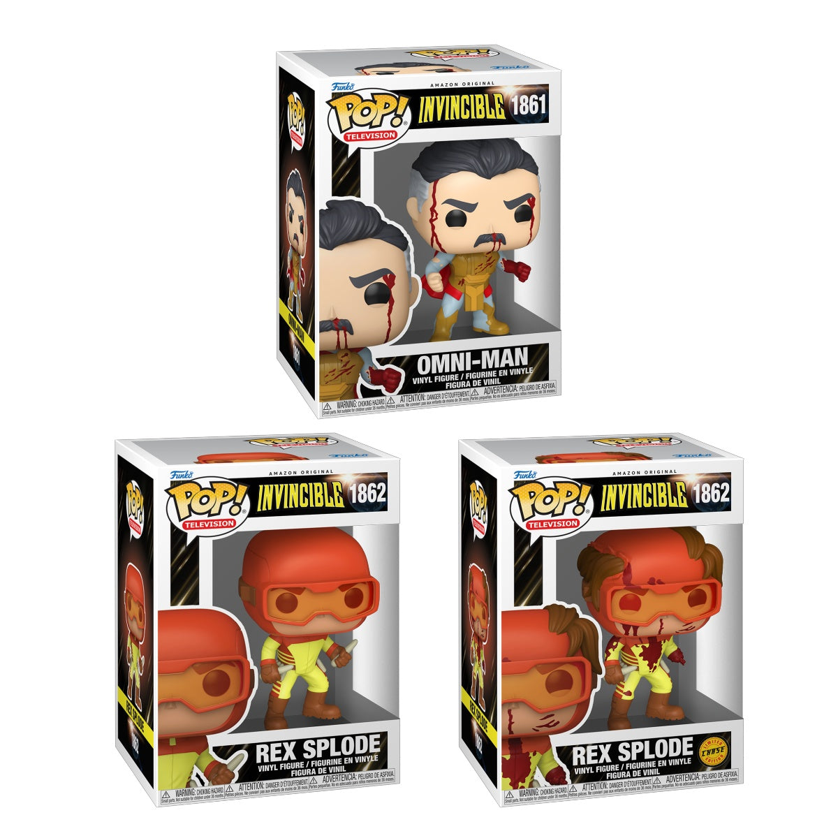 Three Funko Pop! figures from the Invincible TV series bundle, featuring stylized vinyl collectibles with vibrant details.