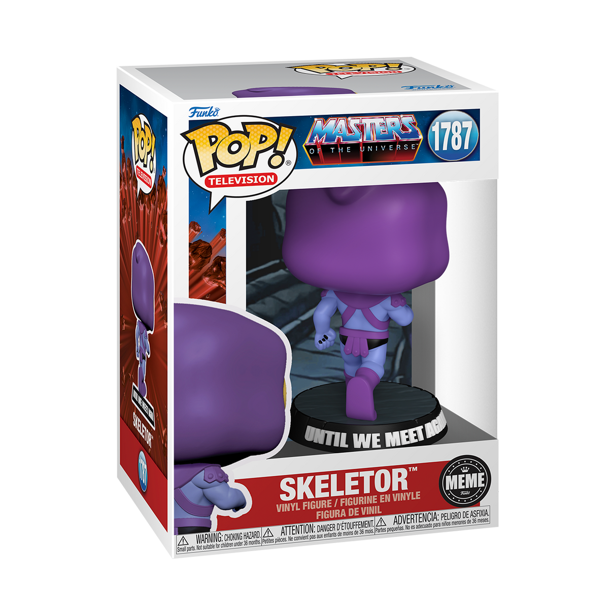 Funko Pop! Television Masters of the Universe Skeletor figure with meme expression, detailed figure with blue skin and hood.