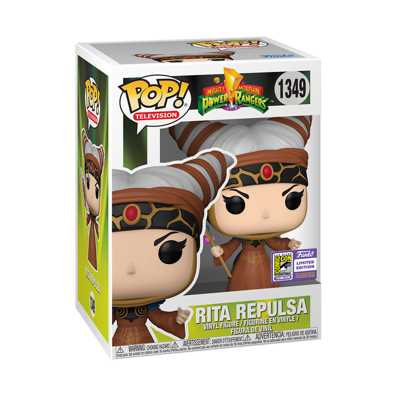 Funko Pop! Television Power Rangers Rita Repulsa figure with SDCC 2023 con sticker, collectible toy from Shak's Pop Shop.