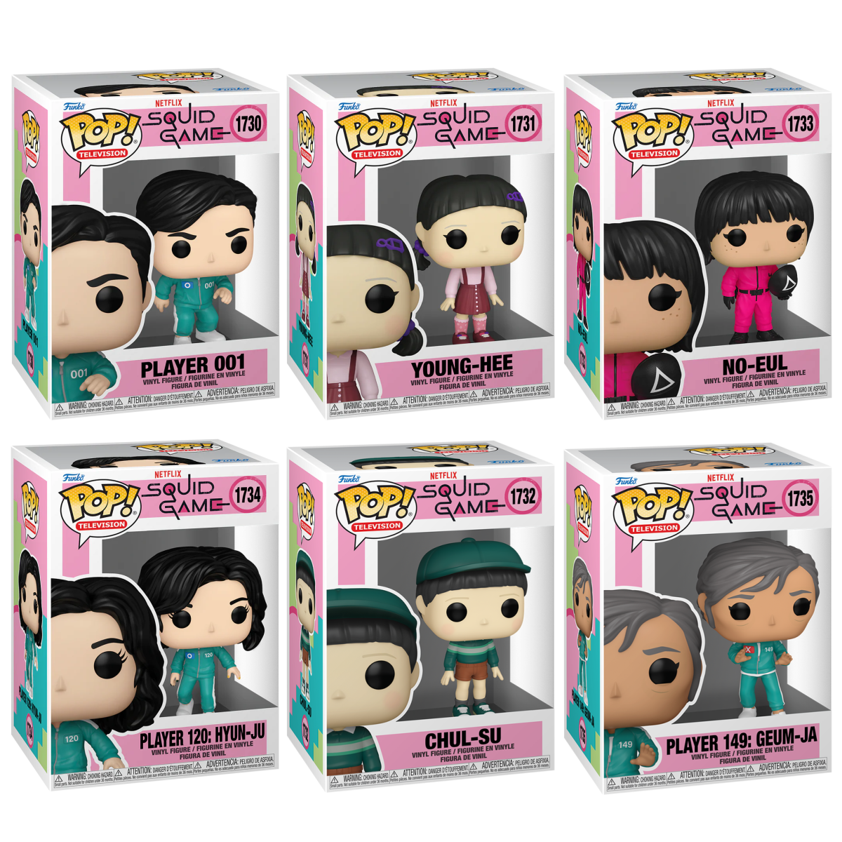 Six Funko Pop! figures from the Squid Game TV series in a bundle, featuring characters in detailed costumes and vibrant colors.