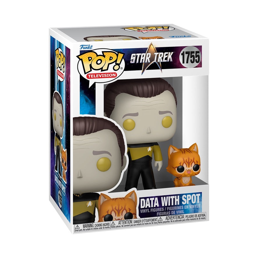 Funko Pop! Television Star Trek Data with Spot figure featuring Data in uniform and Spot the cat, collectible vinyl toy.