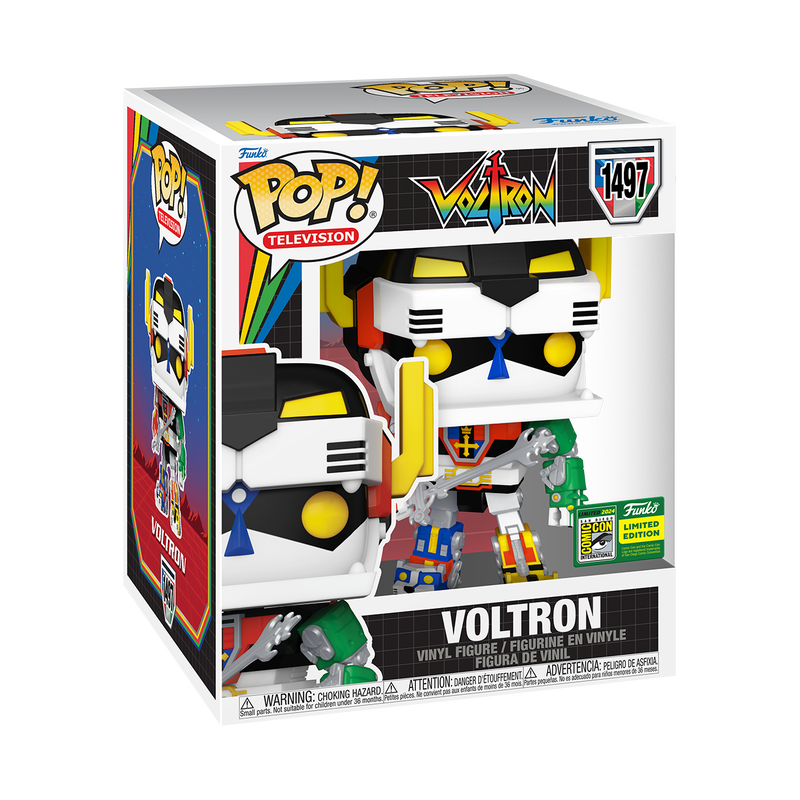 Funko Pop! Television Super Voltron figure with blazing sword, featuring 2024 SDCC sticker, displayed in its box with collector's details.