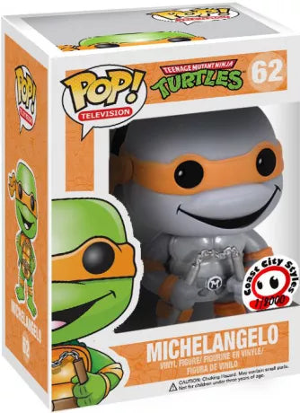 Greyscale Funko Pop! Teenage Mutant Ninja Turtles Michelangelo figure from Shak's Pop Shop with box imperfection.