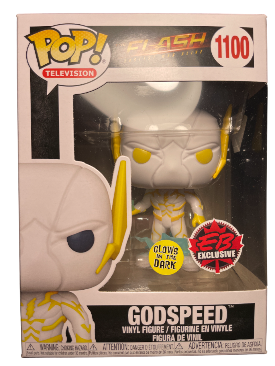 Funko Pop! Television The Flash GodSpeed glow figure from Shak's Pop Shop, EB Games exclusive, featuring a detailed collectible character.