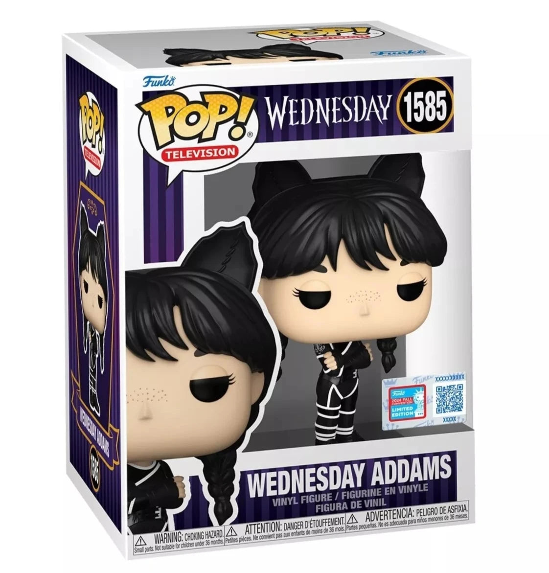 Funko Pop! Television Wednesday Addams in cat costume, 2024 NYCC shared exclusive figure by Shak's Pop Shop.