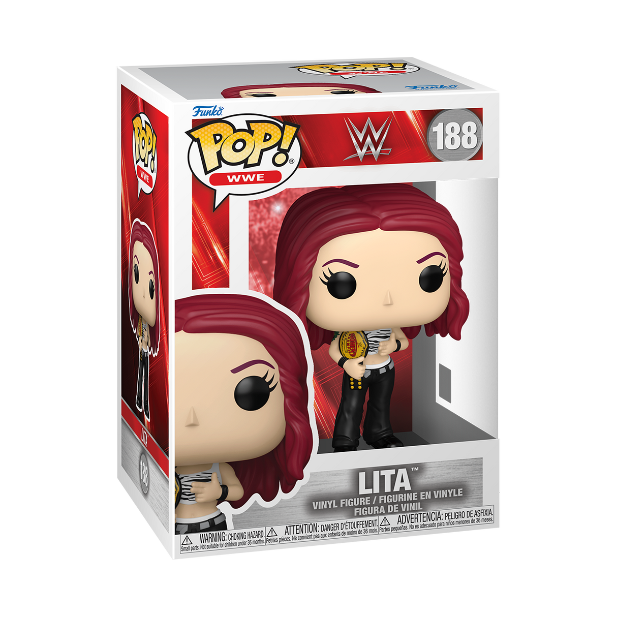 Funko Pop! WWE Lita figure in box, featuring detailed design and signature attire, collectible toy from Shak's Pop Shop.