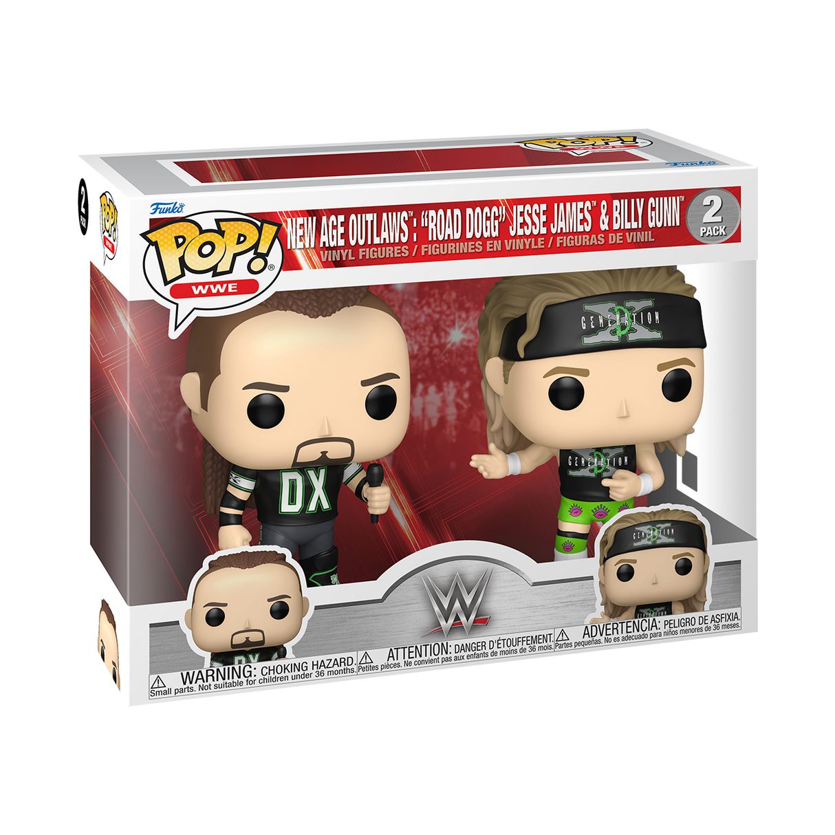 Funko Pop! WWE New Age Outlaws 2-pack featuring collectible figures of Road Dogg and Billy Gunn in wrestling poses