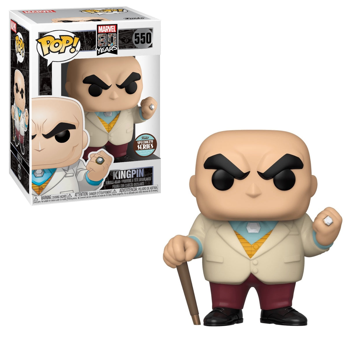 Funko Pop! Marvel Kingpin figure celebrating 80 Years, first appearance, Specialty Series exclusive, collectible character from Marvel comics.
