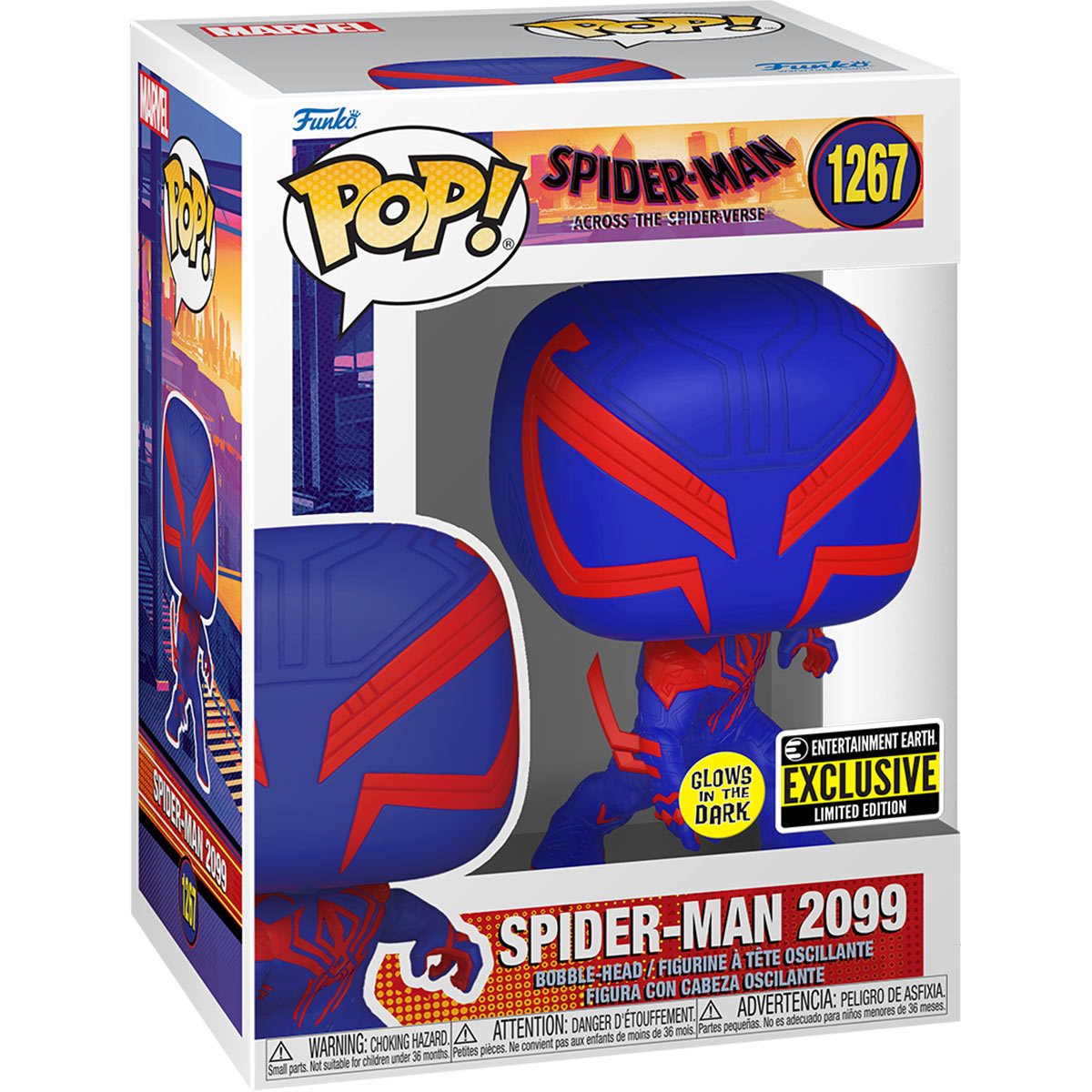 Funko Pop! of Spider-Man 2099 from Marvel's Across the Spider-Verse, glow version, with box imperfection, by Shak's Pop Shop