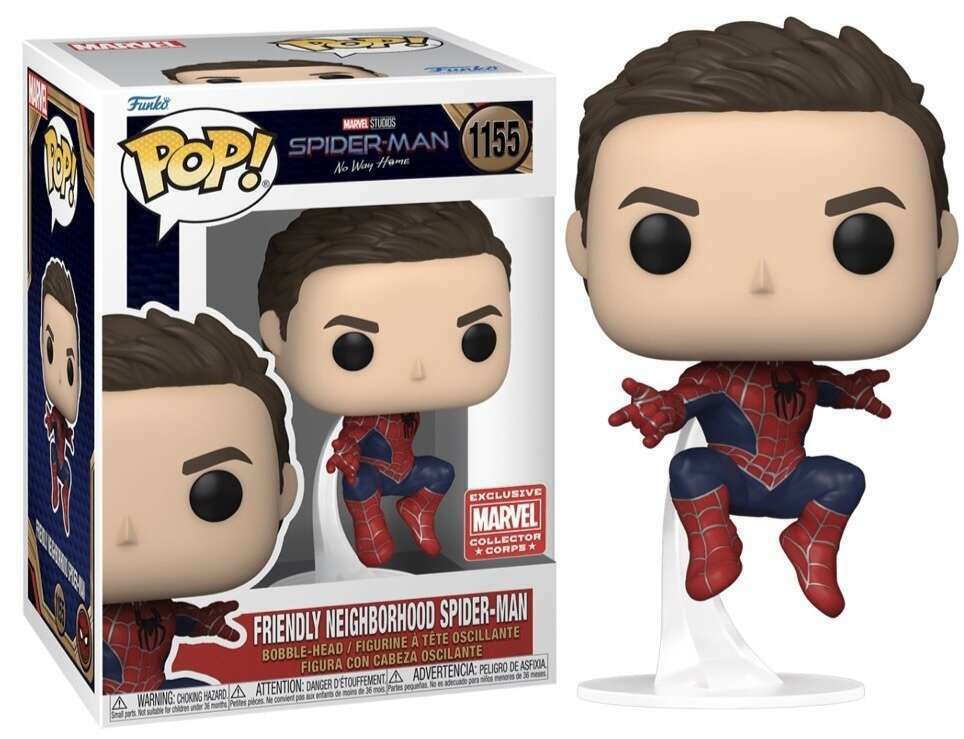 Funko Pop! figure of Friendly Neighborhood Spider-Man from Marvel's No Way Home, with box imperfections, by Shak's Pop Shop.