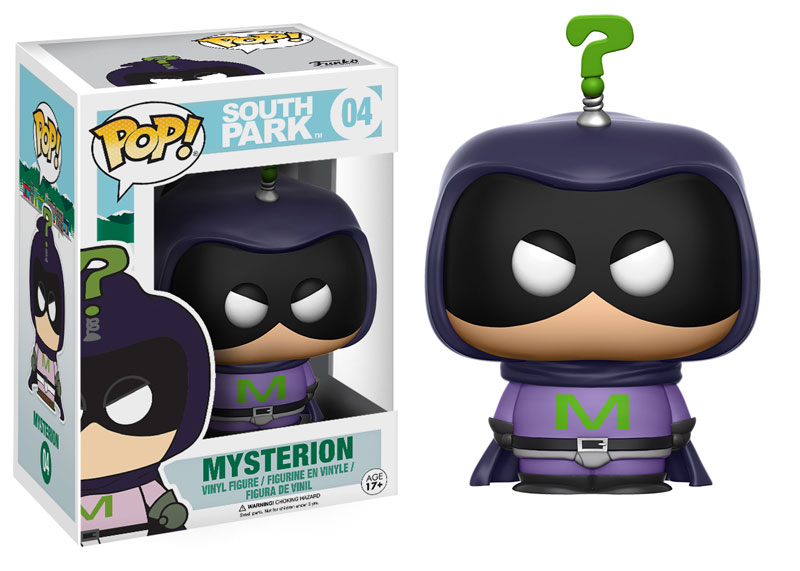 Funko Pop! of Mysterion from South Park, with box imperfection, produced by Shak's Pop Shop.